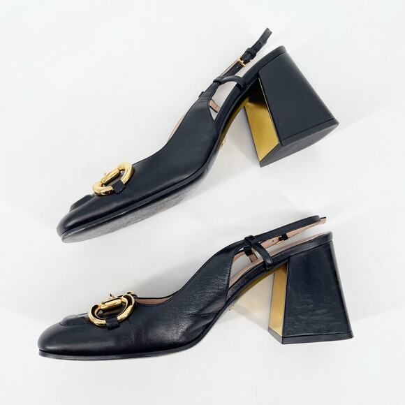 Gucci Black Leather Baby Horsebit Square Toe Block Heel Slingback Pumps EU 37 - Picture 5 of 12